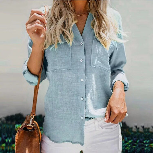 New Women Fashion Comfy Casual Cotton Linen Loose Tops Long Sleeve V Neck Shirt Casual Shirt