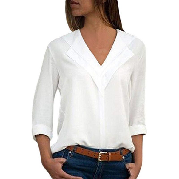 White Blouse Long Sleeve Chiffon Blouse Double V-neck Women Tops and Blouses Solid Office Shirt Lady Blouse Shirt Blusas