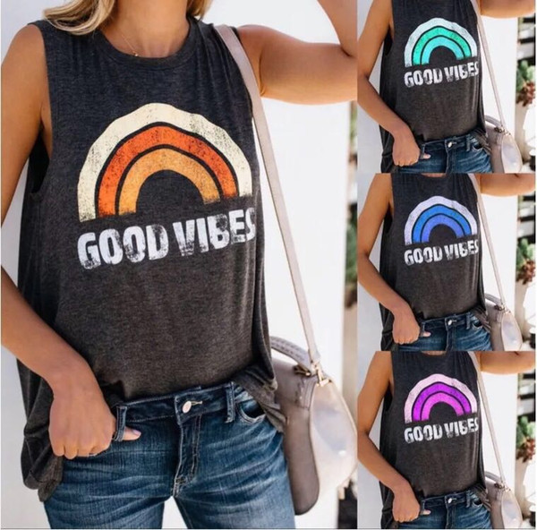 Plus Size Summer Tank Tops Women Good Vibes Print Gray O-Neck Tank Female Casual Loose Vest Sleeveless Ladies Tops Tee 2XL