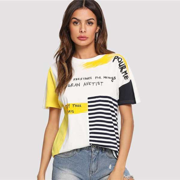 Mixed Print Cut And Sew T-Shirt Short Sleeve Round Neck Tees Glamorous Women Summer Letter Striped T Shirt