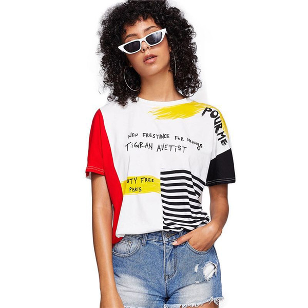 Letter Print Striped Brush Tee Posh Graphic Streetwear Summer Tees Women Chic Round Neck Short Sleeve T Shirt