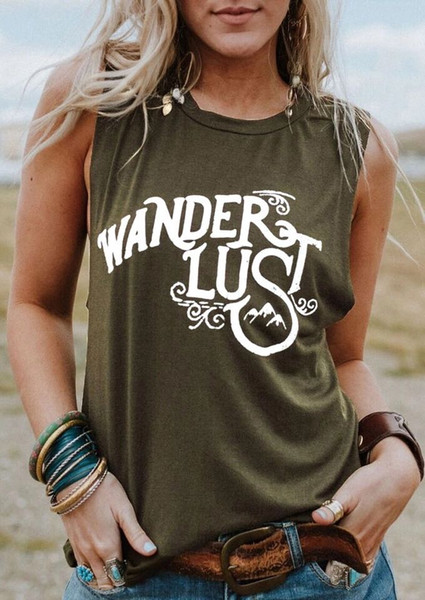 New Women Tank Tops Summer Sleeveless tops tee Wanderlust Letter Print O-Neck Tank Female Army Green Tank Ladies Tops Tee