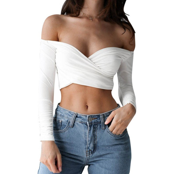 Long Sleeve T-shirt Lady Short Tank 2017 Sexy Off Shoulder Party Bustier Crop Top Elastic Summer Beach Tube Women Tops