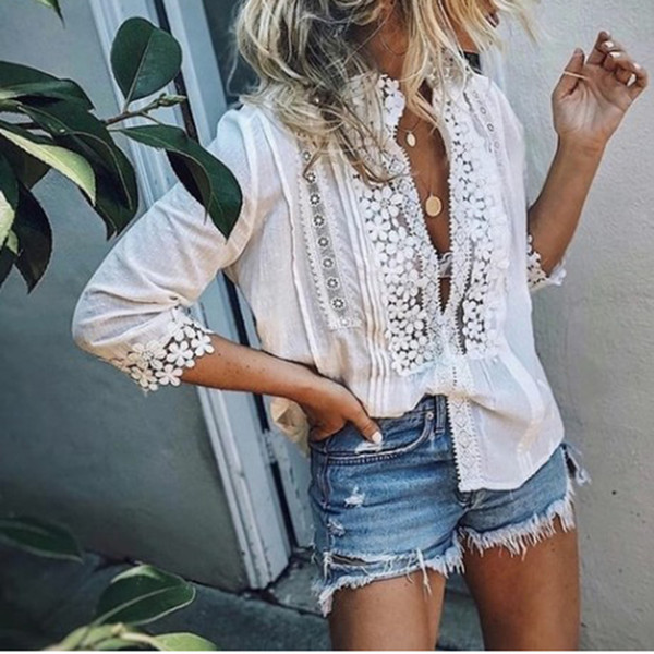 Womens Lace Tops And Blouses Elegant Ladies Hollow Out Half Sleeve V Neck Shirt Summer Boho Beach Blouse Blusa Feminina SJ1913V