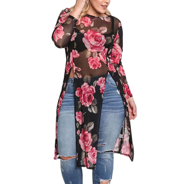 Autumn Plus Size Women Floral See-Through Split Blouse 2018 Fashion Female O Neck Long Sleeve Top Long Clothing Sexy Blouse