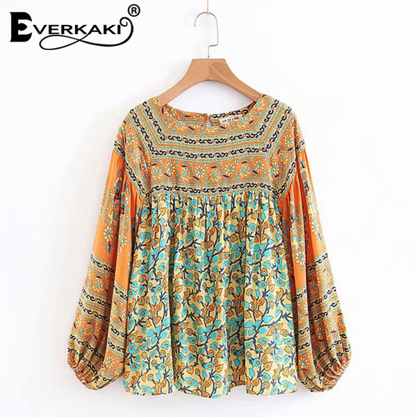 Everkaki Bohemian Floral Chiffon Blouse Women Tops Gypsy Shirts Lantern Long Sleeve Boho Womens Tops And Blouses 2018 Autumn