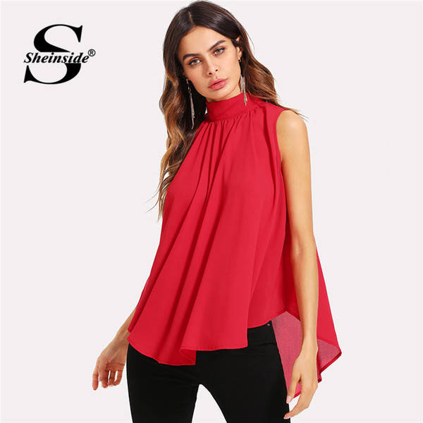 Sheinside Mock Neck Pleated Front High Low Top 2018 Summer Stand Collar Sleeveless Chiffon Blouse Women Red Asymmetrical Top