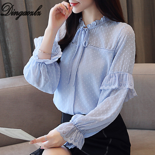 Dingaozlz Autumn blusas mujer de moda New Women blouse Butterfly sleeve Casual Ruffles Tops Bow tie Chiffon shirt