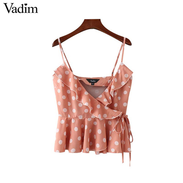 Vadim sexy ruffled polka dot crop tops cross V neck bow tie wrap blouse camis sleeveless adjustable strap short shirts top WA133