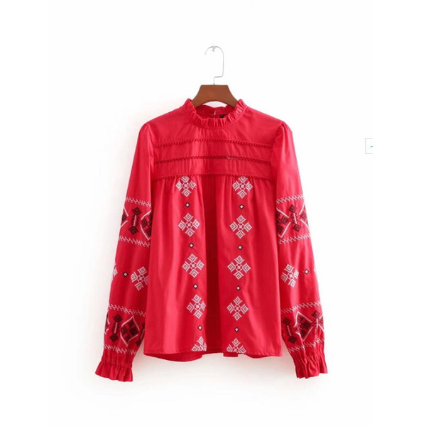 casual lady vintage embroidery red blouse fashion women long sleeve shirt loose smock tops chemise blusas S3317