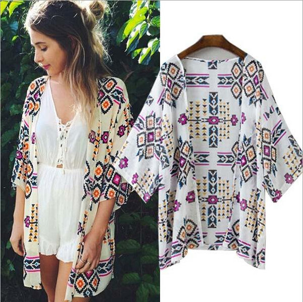 Summer Women Fashion Chiffon Blouse Cardigan Beach Clothing Kimono Print Sexy Plus Size Clothing Party Club Blouse