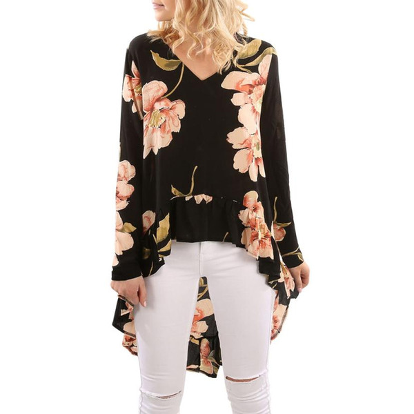 2018 Womens Tops and Blouses Chiffon V Neck Long Sleeve Retro Floral Printed Shirt Femininas Irregular Women Long Clothing