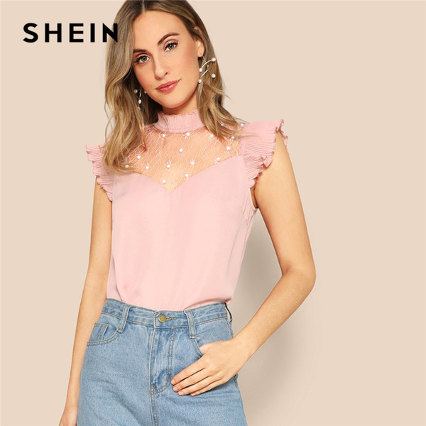 SHEIN Elegant Pink Pearl Beading Lace Yoke Pleated Ruffle Top Blouse Women Summer Frilled Collar Cap Sleeve Office Lady Blouses