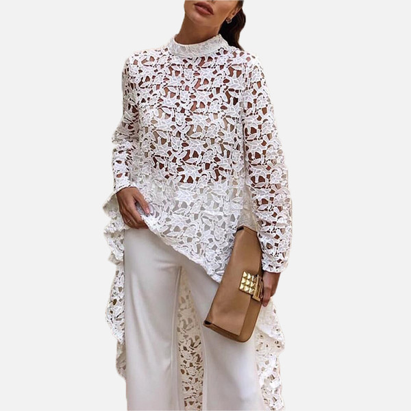 Lace Hollow Out Long Sleeve Women's Shirt Solid Crochet O-Neck Feminine Blouse 2019 Spring Summer New Party Fashion Blouses