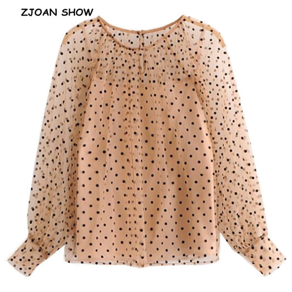 2019 Spring New Round Collar Velvet Black Polka Dot Mesh Shirt Khaki With Camis Women Long Sleeve See Through Blouse Tops blusas