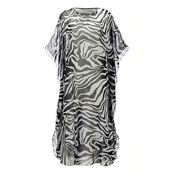 Oversized Womens Chiffon Zebra-Stripes Digital Printing Bikini Cover Up Half Sleeves Semi-Sheer Side Split Maxi Dress Scoop Neck