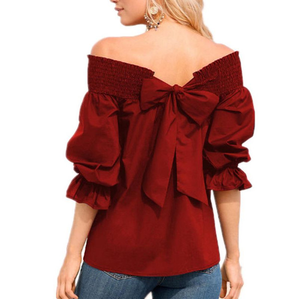 Sexy Off Shoulder Back Bowknot Blouse And Shirts Spring Summer Strapless Women Ruffle Sleeve Pleat Tops Casual Loose Blusas