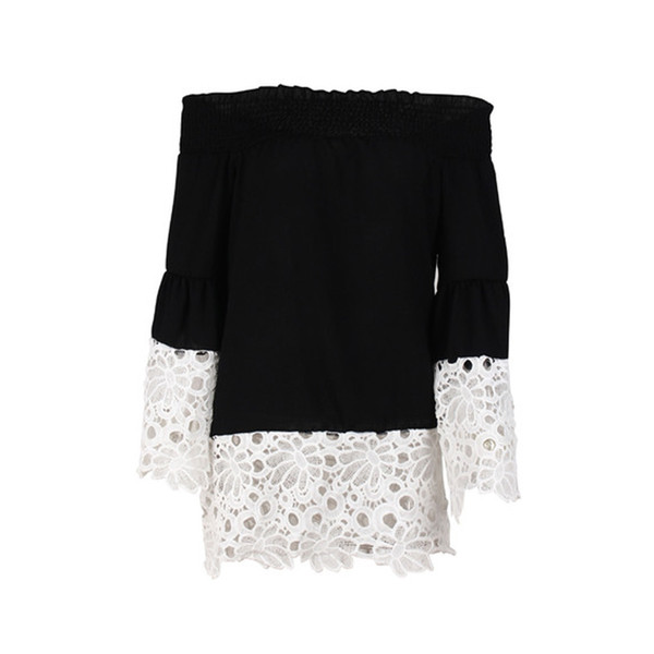 Women Girls Summer Sweet Off Shoulder Off Collar Long Sleeve Lace Stitching Loose Chiffon Shirt Female Tops