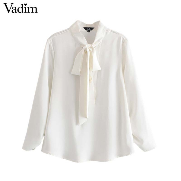 Vadim women white blouse sweet bow tie button long sleeve pleated office lady style shirts casual female tops blusas LB122