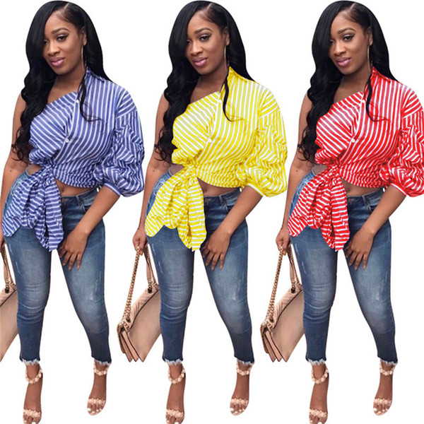 Women summer Blouses & Shirts plus size fashion stylish one shoulder lantern 1/2 sleeve short crop top off shoulder striped asymmetrical 513