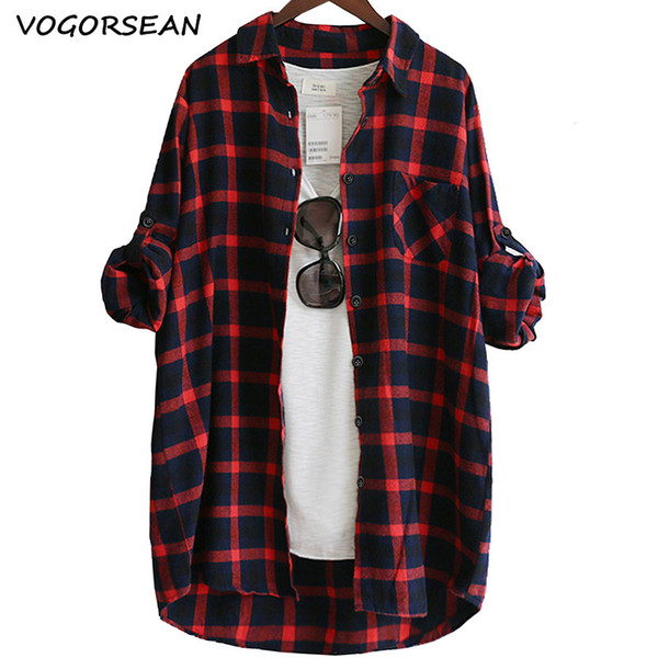 VogorSean Cotton Women Blouse Shirt Plaid Loose Casual Plaid Long sleeve Large size Top Womens Blouses red/green