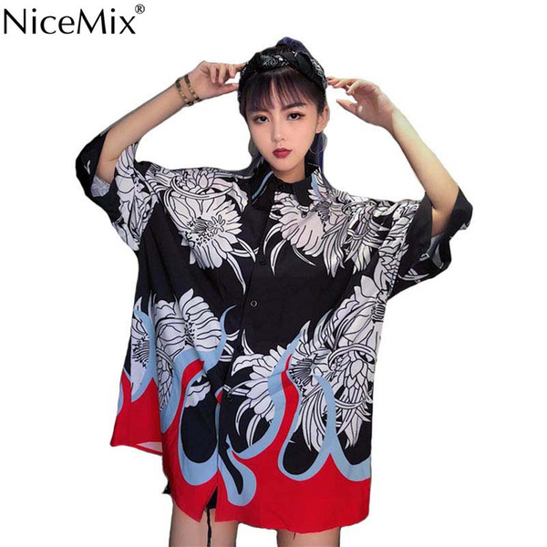 NiceMix Japanese Style Oversize Harajuku Blouse Womens Tops And Blouses Print Fire Flowers Loose Short Sleeve Unisex Shirts