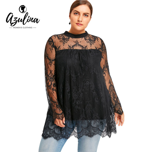 AZULINA Women Lace Blouse Plus Size Lace Scalloped Edge Blouse Shirt Autumn 2017 Black Long Sleeve Blusa Feminina Women Tops 5XL