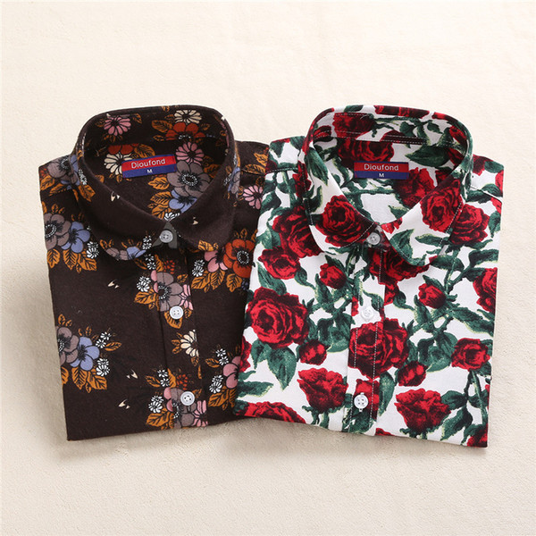 Dioufond Flannel Women Rose Print Blouse Shirt Casual Long Sleeve Floral Tops Female Autumn Winter Warm Women Clothing Plus Size