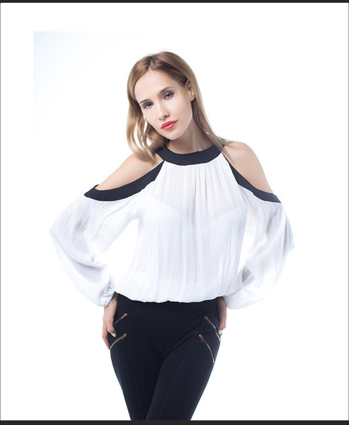 2017 Hot Selling white Sexy Flirt Cold Shoulder Leak Back Ruffle Top Full Sleeve lantern sleeve for women women tops blouses summer clothing