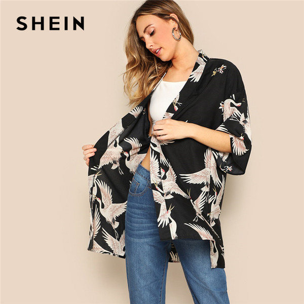 SHEIN Bohemian Black Crane Bird Print Side Slit Long Kimono Cardigan Women Summer 3/4 Length Sleeve Vacation Casual Kimonos