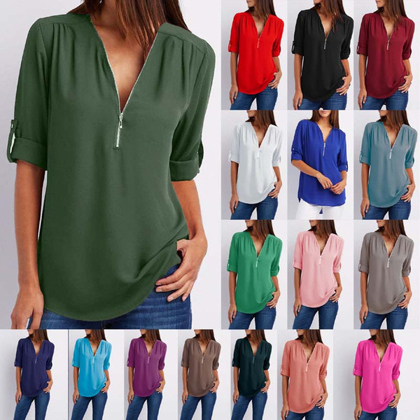 Women V-neck pullover Short Sleeve Loose Chiffon Plain Blouses 17colors Ladies Women clothing Size S-5XL