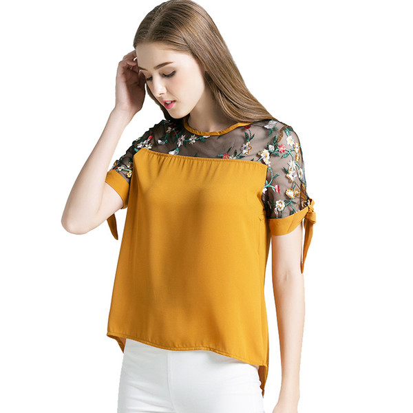 Sweet Women O-Neck Pullover Embroidery Lace Hollow Out Shoulder Patchwork Short Sleeve bows yellow Shirts