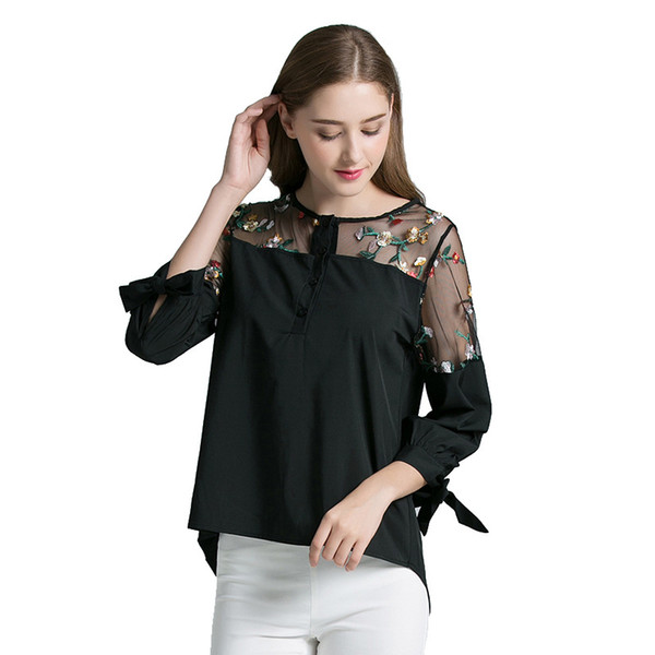 Sweet Women O-Neck Pullover Embroidery Lace Hollow Out Shoulder Patchwork Long Sleeve Hip-pop Shirts