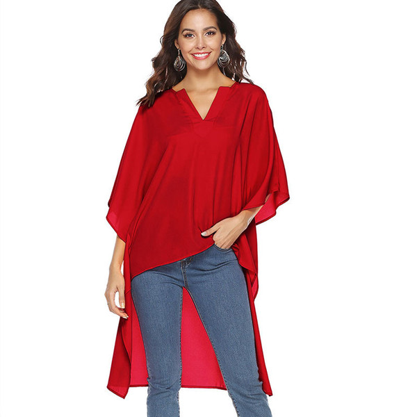 Blouses Women Polyester V-Neck Pullover Solid Batwing/Dolman Sleeve Loose Irregularity Bottom Shirts Size S-XL