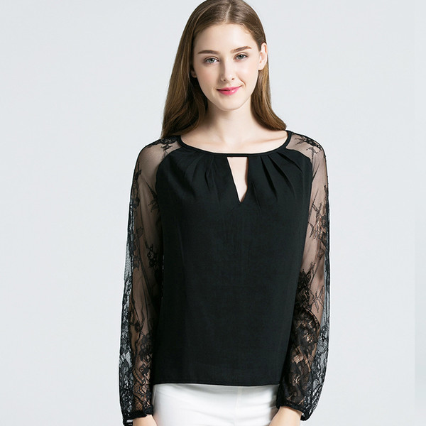 High Quanlity Women Chiffon O-Neck Pullover Black Lace Long Sleeve T-shirts Size S-XL