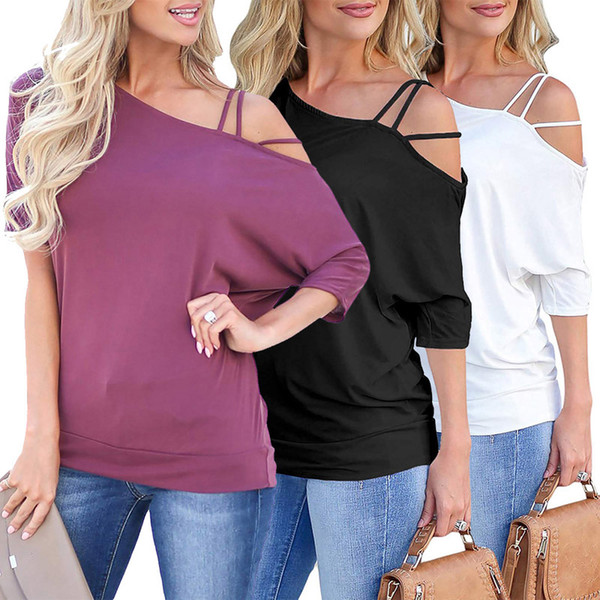 Spring/summer new women's hot sale shoulder collar loose pullover bat sleeve solid short sleeve t shirt 3 colors size s-xl