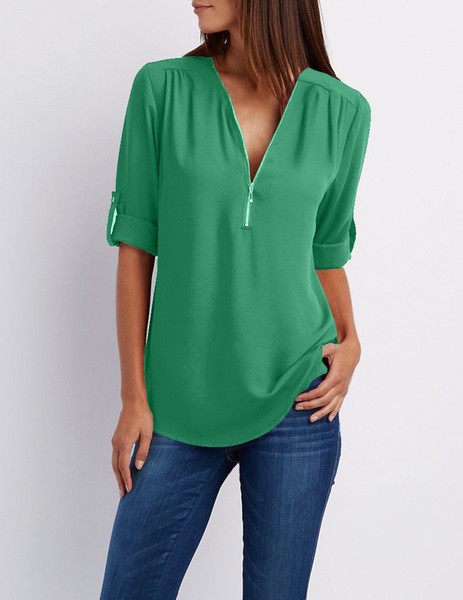 50pcs Women V-neck pullover Short Sleeve Loose Chiffon Plain Blouses 17colors Ladies Women clothing Size S-5XL