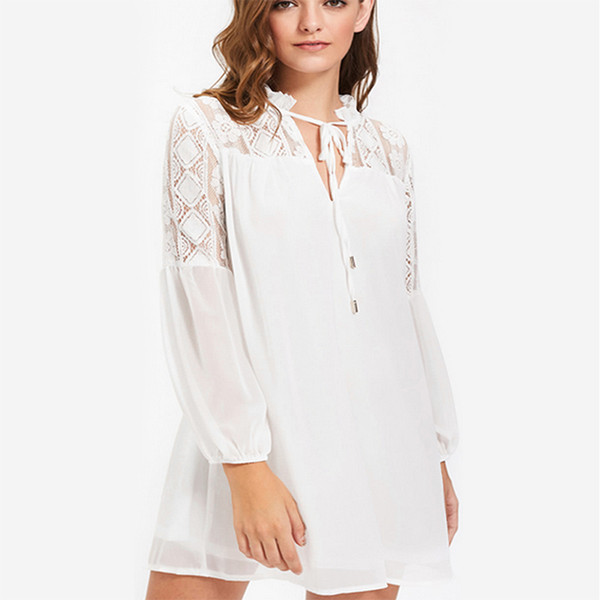 Long Sleeve Lace Patchwork Blouse Women Plus Size V-neck Lace Up Casual Loose Pullover Shirts Large Size Ladies White Summer Top