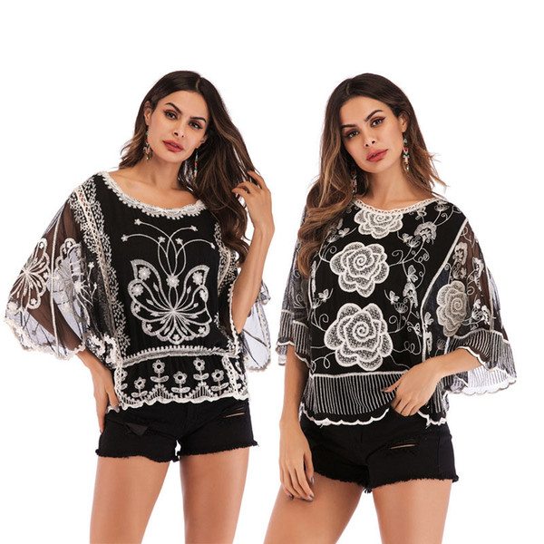 30pcs Women O-Neck Pullover Floral Embroidery Hollow Out 3/4Sleeve Lace Loose Blouses