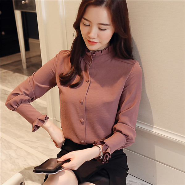 Lace vertical collar shirt women's long-sleeved chiffon shirt 2018 spring suit new Korean version of solid color makeshift blouse