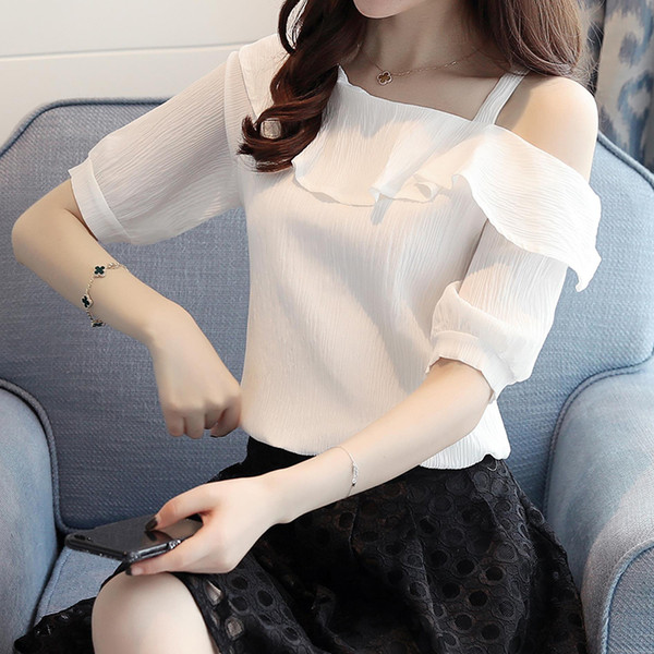 2018 summer new shoulders short sleeves single collar lotus leaf blouse clothing super fairy sweet temperament chiffon girl shirt