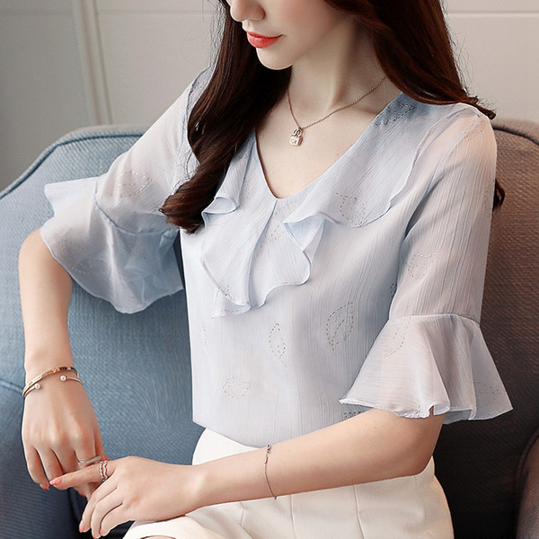 Lotus leaf Chiffon elegant short sleeved women's clothing 2018 summer new super fairy sweet sweet air covering the belly shirt