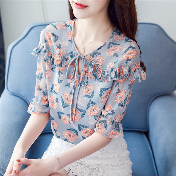 2018 women new style summer thin clothing western style small shirt temperament loose short sleeve lotus leaf broken Flower Chiffon shirt