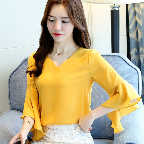 2018 summer clothing new relaxed fresh sweet small unlined upper garment women's short sleeve trumpet sleeve chiffon unlined upper garment