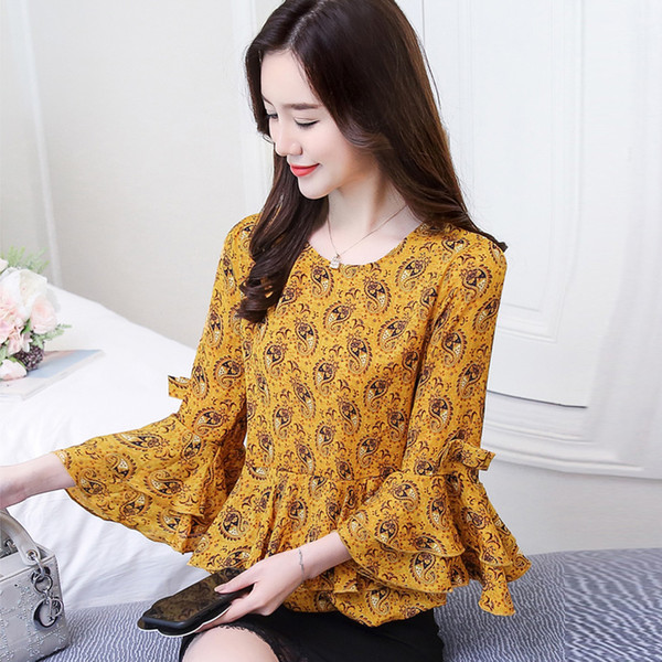 chiffon blouse women's 2018 spring / summer new Korean version of loose top with belly print and western style blouse