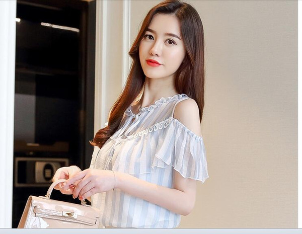 Summer summer shoulder blouse, short sleeved top 2018 new style summer dress, super fairy striped Chiffon sweater.
