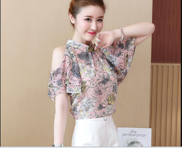 Shredded chiffon shirt women's 2018 summer dress new women's fashionable lotus leaf sleeve open shoulder jacket