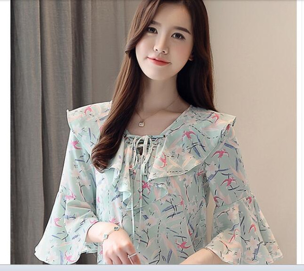 Chiffon shirt short-sleeved women's summer dress 2018 new trendy blouse super-fairy temperament sweet broken flowers tie-up shirt