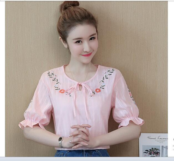 2018 new summer Women's sweet embroidery cotton clothes Chiffon short sleeves women's wear linen blouse little fresh super fairy