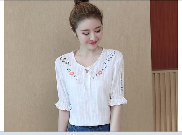 Chiffon short sleeves women's wear summer wear 2018 new sweet embroidery, cotton and linen blouse little fresh super fairy